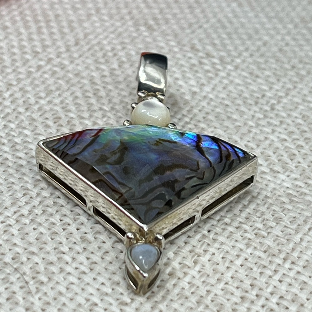 ✨ Abalone Shell & Gemstone Pendant – Sterling Silver Vintage Design - Picture 6 of 17